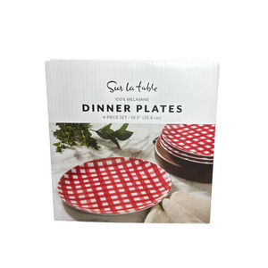 Sur La Table Gingham Plaid Red White Round Plates Dinner 10.5" Melamine 4 Piece